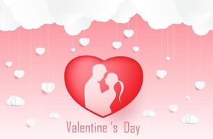 Love and Valentine day, Lovers stand and a paper art heart shape balloon floating in the sky. craft style. vector