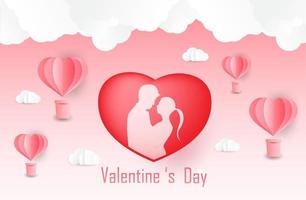 Love and Valentine day, Lovers stand and a paper art heart shape balloon floating in the sky. craft style. vector