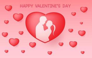 Love and Valentine day, Lovers stand and a paper art heart shape balloon floating in the sky. craft style. vector