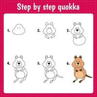 Drawing lesson for children. How draw quokka. Drawing tutorial with funny animal. Step by step repeats the picture. Kids activity art page for book. Vector illustration.