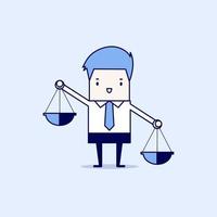 Businessman carrying a balance scale with both hands. Cartoon character thin line style vector. vector