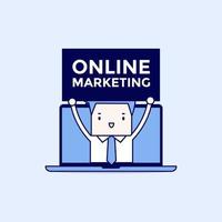 Businessman holding Online Marketing sign in computer notebook. Cartoon character thin line style vector. vector