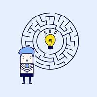 Businessman in front of a huge maze and finding direction to idea bulb. Cartoon character thin line style vector. vector