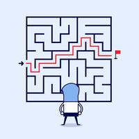 Businessman standing in front of a maze with a solution to success. Cartoon character thin line style vector. vector