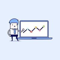 Businessman pointing at graph in laptop. Cartoon character thin line style vector. vector