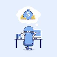 Businessman dreaming about money. Cartoon character thin line style vector. vector