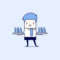 Businessman serve money on the plate. Cartoon character thin line style vector. vector