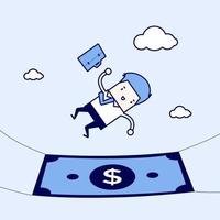 Businessman falling into a money banknote. Cartoon character thin line style vector. vector