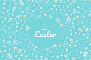 feliz tarjeta de felicitación de pascua con flores dibujadas a mano, huevos de pascua y conejos sobre fondo azul vector