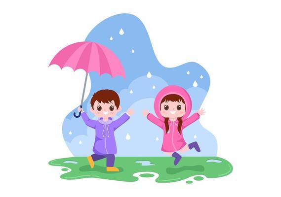 Cute Kid Wearing Raincoat, Rubber Boots and Carrying Umbrella In the Middle of Rain Showers. Flat Background Cartoon Vector Illustration for Banner or Poster