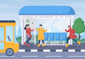 gente con impermeable, botas de goma y paraguas en medio de una tormenta de lluvia. ilustración de vector de dibujos animados de fondo plano para pancarta o póster