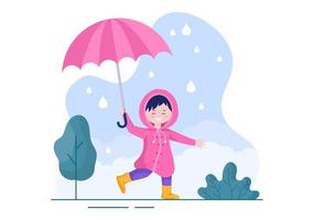 niño lindo con impermeable, botas de goma y paraguas en medio de las lluvias. ilustración de vector de dibujos animados de fondo plano para pancarta o póster