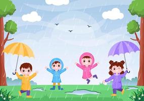 niño lindo con impermeable, botas de goma y paraguas en medio de las lluvias. ilustración de vector de dibujos animados de fondo plano para pancarta o póster