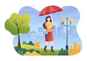 People Wearing Raincoat, Rubber Boots and Carrying Umbrella In the Middle of Rain Showers Storm. Flat Background Cartoon Vector Illustration for Banner or Poster