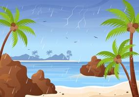 Rain Storm Background Vector Illustration with Beach Scenery when it Weather rains and Empty Public Place with Puddle for Banner or Poster