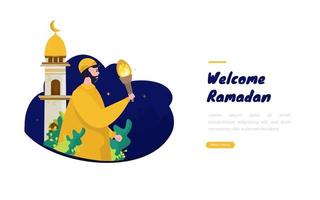 A Muslim with a torch welcomes the night of Ramadan vector