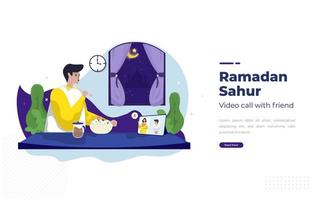 Ramadan sahur with conference call with others concept vector