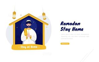 Flat design happy Ramadan stay at home concept vector