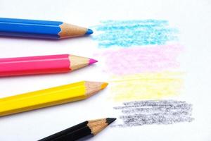 cmyk concept - wooden crayon texture with cyan blue red magenta yellow and black drawings on white paper background photo