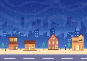 Rain Storm Background Vector Illustration at Rainy Weather with Scenery Cityscape or Park and Empty Public Place with Puddle for Banner or Poster