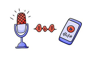 Recording from microphone to phone concept. Set of hand drawn elements for podcast. Vector doodle illustration