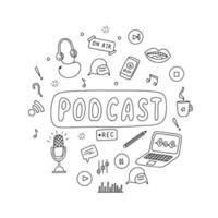 Podcasting set of hand drawn black and white icons. Broadcasting doodle elements. Vector illustration