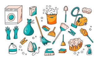 Set of colored doodle elements. Cleaning service collection of icons in hand drawn style. Vector illustration