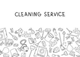 Cleaning service background with hand drawn black and white elements and lettering. Vector illustration in doodle style. Banner template