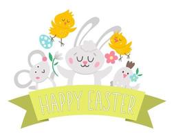 Vector Easter composition with text, eggs, Bunny, mouse, chicks, bird. Funny spring background design for banners, posters, invitations. Religious holiday card template with cute animals