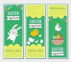 Set of Easter egg hunt invitation card templates with cute animals. Spring vertical poster or greetings for kids. Bright holiday bookmark illustration with funny bunny, basket with colored eggs. vector