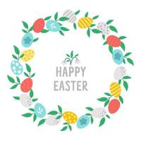 Vector round frame with Easter elements. Spring concept wreath. Design for banners, posters, invitations. Cute religious holiday card template with eggs and green leaves.