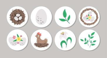 Cute set of round Easter highlight icons or card designs with nest, eggs, flowers, hen. Vector spring holiday pin or badge design isolated on white background