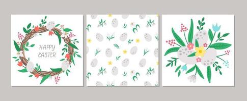 Cute set of square Easter cards with eggs, first flowers, leaves. Vector spring print design templates. Religious holiday seasonal banner or poster templates.