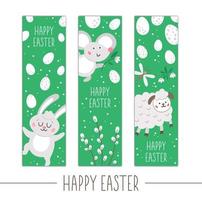 Set of Easter bookmarks or greeting card templates. Vertical Spring holiday posters or invitations. Bright green frame illustration with traditional symbols and cute animals. Happy Easter design vector