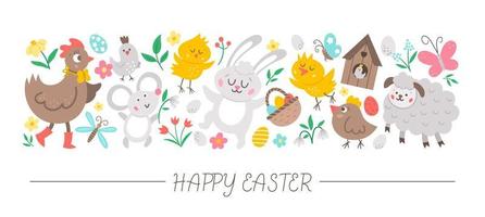 Conjunto horizontal vectorial con personajes y elementos planos del día de Pascua. diseño de plantilla de tarjeta con conejito, huevo, animales divertidos, pájaros, flores. linda frontera de vacaciones de primavera. vector