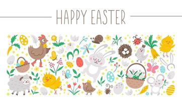 Vector horizontal set with Easter elements. Frame with traditional spring symbols. Funny design for banners, posters, invitations with bunny, eggs, birds, flowers