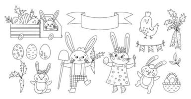 Vector black and white Easter bunny family set or coloring page. Outline rabbit mother, father, daughter and son with spring elements. Cute animal icons pack for kids. Funny truck with eggs.