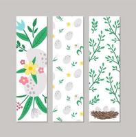 Set of Easter bookmarks or greeting card templates. Vertical Spring holiday posters or invitations. Bright green frame illustration with traditional symbols. Happy Easter design vector