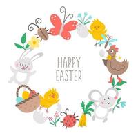 Vector round frame with Easter elements. Spring concept wreath. Design for banners, posters, invitations. Cute religious holiday card template with egg, bunny, animals, birds, flowers.