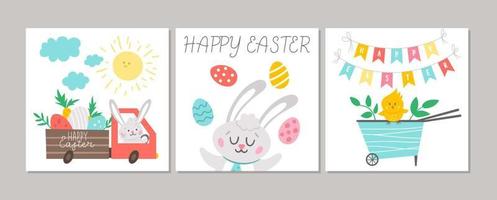 Cute set of square Easter cards with Bunny, colored eggs, cute wheel barrow with chick. Vector spring print design templates. Religious holiday seasonal banner or poster templates.