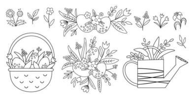 Vector black and white cute garden and Easter icons pack or coloring page. Outline wheel barrow, watering can, eggs, flowers and plants. Spring gardening tool illustration for kids.