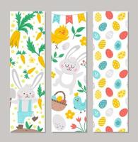 Set of Easter bookmarks or greeting card templates. Vertical Spring holiday posters or invitations. Bright green frame illustration with traditional symbols. Happy Easter design vector