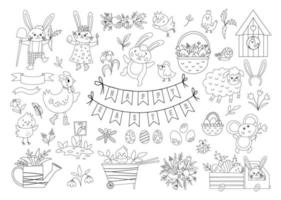 Big black and white collection of design elements for Easter. Vector outline set with cute bunny, eggs, bird, chicks, baskets. Spring funny illustration or coloring page. Adorable holiday icons