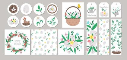 Cute set of Spring sale cards with nest, eggs, flowers, hen, basket. Vector square, round, horizontal, vertical print templates. Easter holiday designs for tags, postcards, sale, scrapbooking.