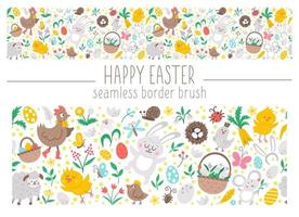 Vector seamless pattern brush with Easter symbols. Repeating horizontal background with bunny, eggs, flowers, birds. Spring holiday backdrop