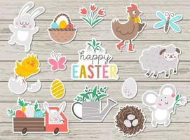 Vector set of Easter stickers. Collection of cute characters and objects with Spring concept. Bunny, funny animals, eggs and birds on wooden background. Religious holiday patches pack