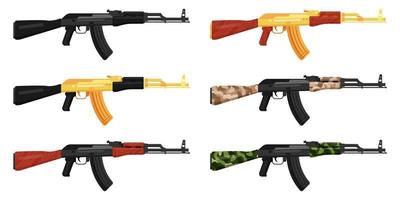 juego de fusil de asalto ruso ak 47 y ak 74 kalashnikov negro, dorado y camuflado. vector