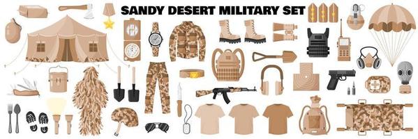 Conjunto militar de camuflaje caqui del desierto arenoso con uniforme de soldado, camuflaje caqui, equipo militar, rifle de asalto, etc. vector