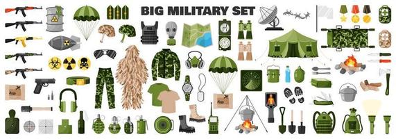 gran conjunto militar verde con uniforme de soldado, camuflaje caqui, equipo militar, armas, rifle de asalto, etc. vector