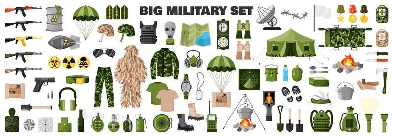 Big green military set with soldier uniform, khaki camouflage, army equipment, weapons, assault rifle, etc.